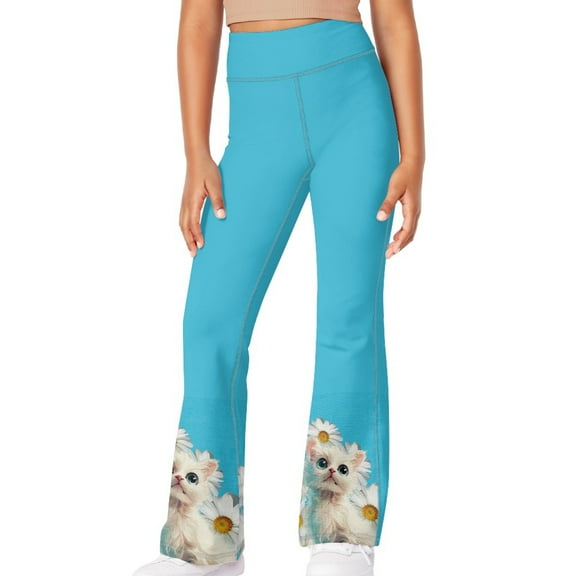 DISNIMO Blue Cat Daisy Bell Bottoms Leggings Girls Flare Leggings Cross Waist Bell Bottoms Yoga Pants for Girls Flare Pants Size 7-8 Kids High Waist Flare Leggings with Pockets