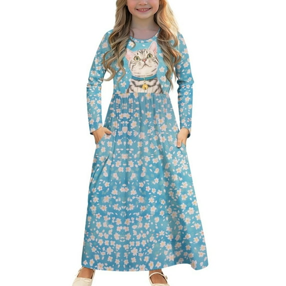 DISNIMO Blue Cat Flower Dress with Pockets for Kids Long Sleeve Dress for Girls 9-10 Dresses Long Sleeve Cute Dress Kids Soft Dress for Kids Frock Dresses for Girls Twirl Skater Dress