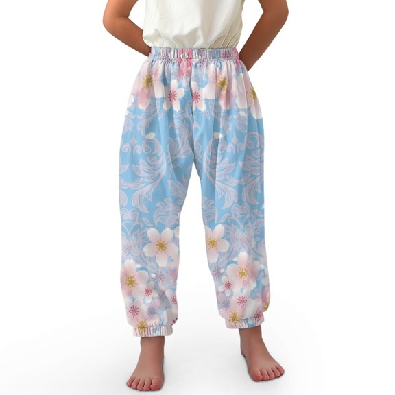 DISNIMO Blue Cherry Blossom Trousers for Girls Bloomer Harem Pants for Yoga Baggy Pants for Girls 13-16 Harem Pants for Kids Loose Legged Bloomers Long Pants for Girls Loose Beach Pants for Girls