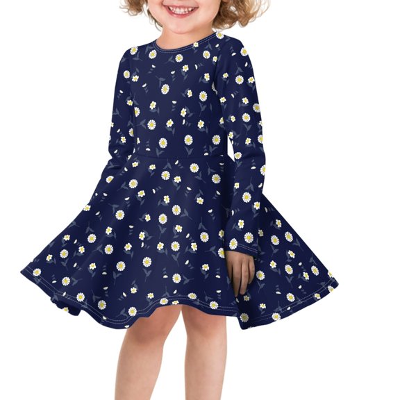 DISNIMO Blue Daisy Dress Girls Casual Long Sleeve Dress Kids Girls Kids Twirl Dress Fall Girls Dresses Size 3-4T Girl Dress for Children Girls Dresses Knee Length Dress for Girls Church Dresses