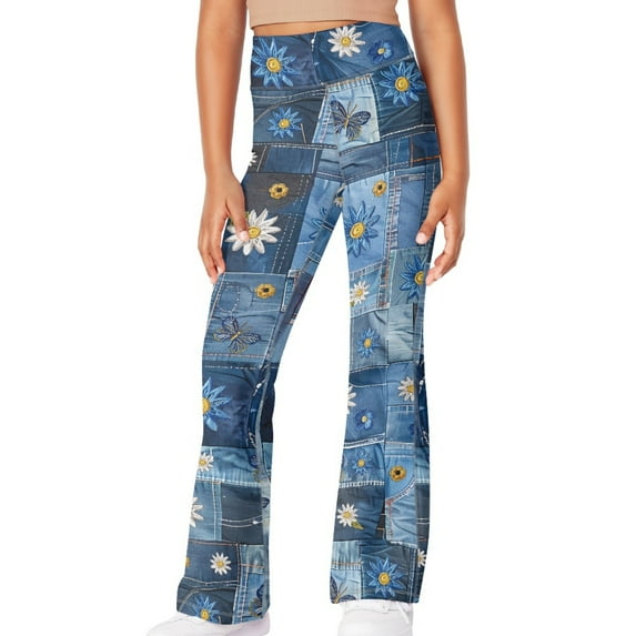 DISNIMO Blue Daisy Yoga Pants Flare Leg Leggings Kids Leggings Girls High Waisted Flare Leggings for Girls 5-6 Girls Flare Leggings Bell Bottoms Leggings for Kids Pockets