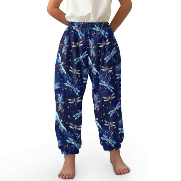 DISNIMO Blue Dragonfly Bloomer Harem Pants for Kids Harem Bloomers for Girls Harem Pants Dance Baggy Pants for Girls 3-7 Beach Pants Girls Loose Legged Bloomers Long Pants Elastic Waist Joggers