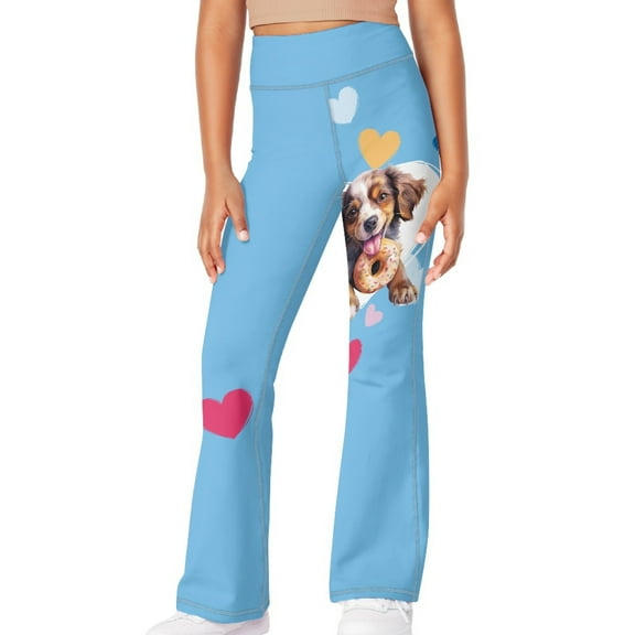 DISNIMO Blue Heart Corgi Flare Leggings with Pockets High Waisted Yoga Pants Kids Dance Bell Bottoms Leggings for Kids Yoga Pants for Girls Leggings Cross High Waisted Flare Pants 5-6