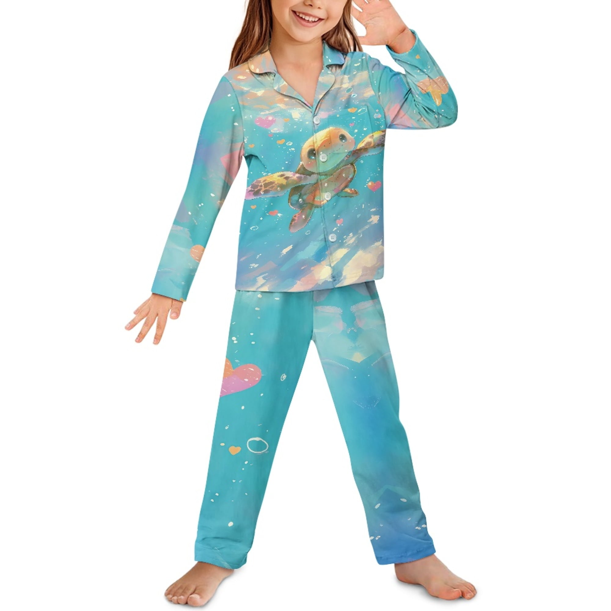 DISNIMO Blue Sea Turtle Pajamas Kids Button Up Pjs Girls Long Sleeve Pajama Set Kids 2 Piece Button Up Pjs for Girls Button Down Sleepwear for Kids Pjs Girls Size 7 8 Button