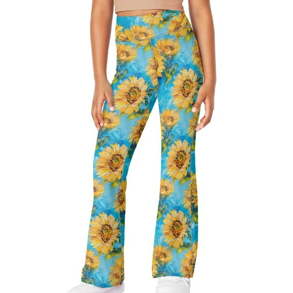 DISNIMO Blue Sunflower Kids Girls Bootcut Yoga Pants Solid Color Flare Leggings Stretchy Wide Leg Dance Pants 11-12 Flare Pants for Kids Bell Bottoms for Girls