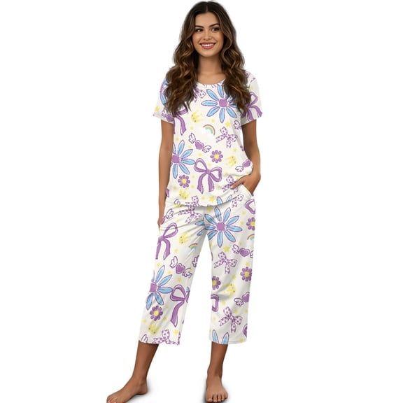 DISNIMO Bow Daisy Printed Womens Pajama Set Comfy Sleepwear Summer 2 Piece Pjs Set Breathable Tops and Capri Pant Lounge for Home, 3XL