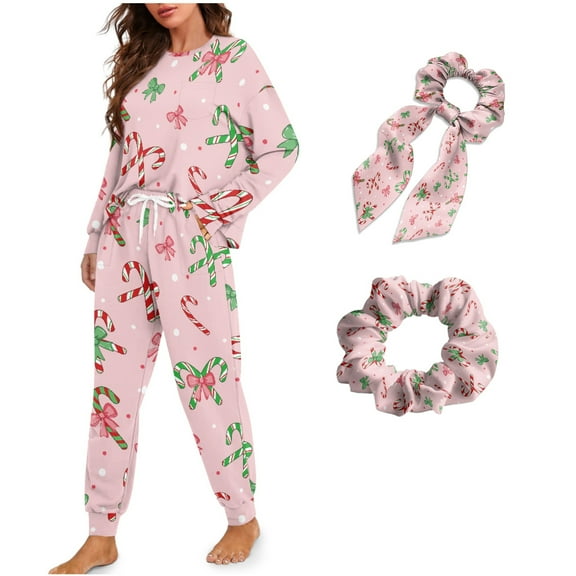 DISNIMO Bowknot Print Women Pajama Set Long Sleeve Sleepwear with Hairband Casual Loose Nightwear with Long Pants Fashion Lounge Set with Pockets, XL