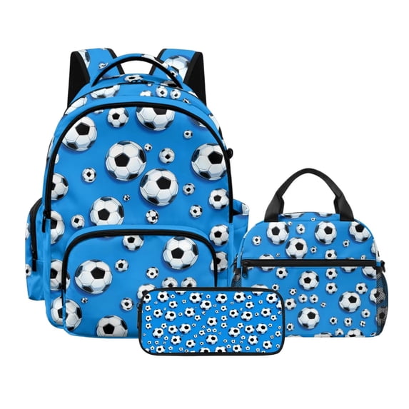 DISNIMO Boys Backpack, Soccer Ball Print 3 Pcs School Bag Set with Lunch Box and Pencil Case, Lightweight Portable School Backpack for Kids