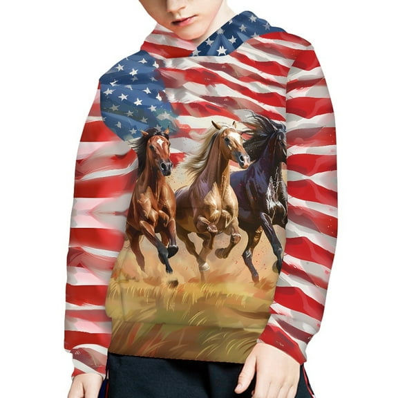 DISNIMO Boys Horse Hoodie for Kids American Flag Hoodie Sweatshirts for Girls 11-13 Pullover Hoodies for Teens Boys Cool Designs Hooded Sweatshirt Streetwear Fourth Of July Clothes Child