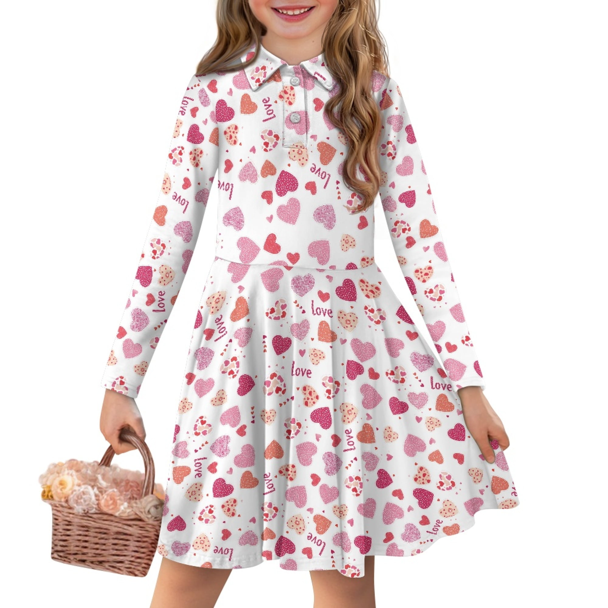 Ozkiz Toddler Girls Heart Print Dress - Pink Long Sleeve Ruffle Dress For Little Girls