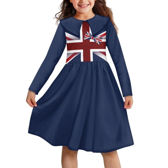DISNIMO British Flag Print Dress for Girls Blue Dress Kids Long Sleeve Dress Girls Casual Long Sleeve Dress Kids Girls Dresses with Collar for Girls Skater Dresses for Church Girls 9-10