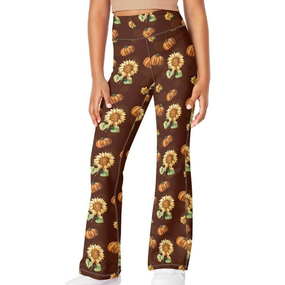 DISNIMO Brown Sunflower Kids Yoga Pants Ages 13-14 Girls Dance Athletic Pants High Waisted Bell Bottoms for Dance Workout Kids Flare Leggings for Girls kids Flare Leggings