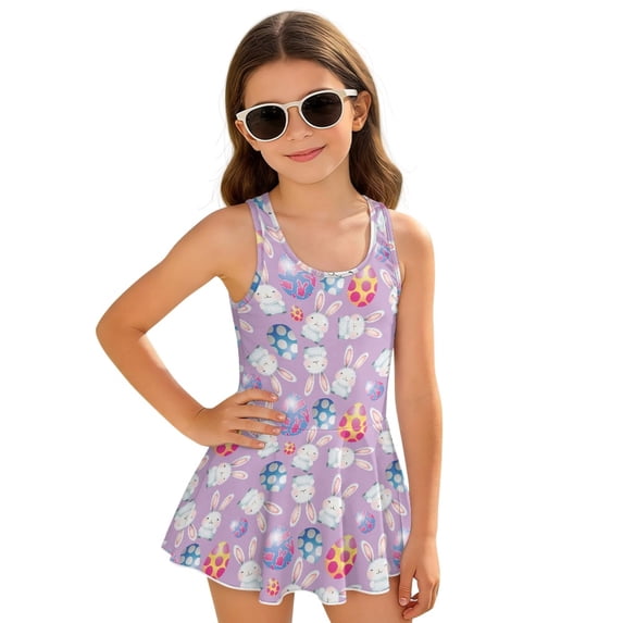 DISNIMO Bunny Easter Egg Print Girls One Piece Swimsuits Sleeveless Bathing Suit with Skirt Quick Dry Swimwear Halter Swim Dress Size 3-13