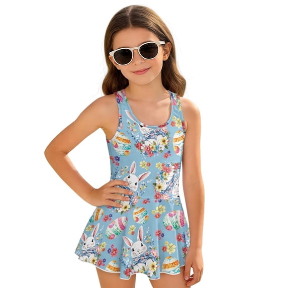 DISNIMO Bunny Flower Print Girls' One Piece Swimsuits Easter Egg Printed Sleeveless Swimwear with Skirt Quick Dry Beach Bathing Suit Comfortable Breathable Swim Dress