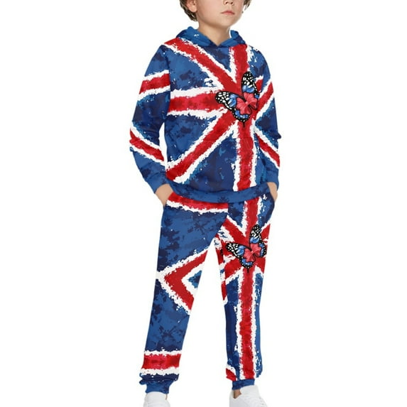 DISNIMO Butterfly British Flag Hoodie And Joggers Set for Boys Hoodies Set Size 10-12 Boys Hoodie Outfits for Boys 2 Piece Hoodie Set Kids Pullover Hoodie Boys Drop Shoulder Hoodie with Pockets Kid