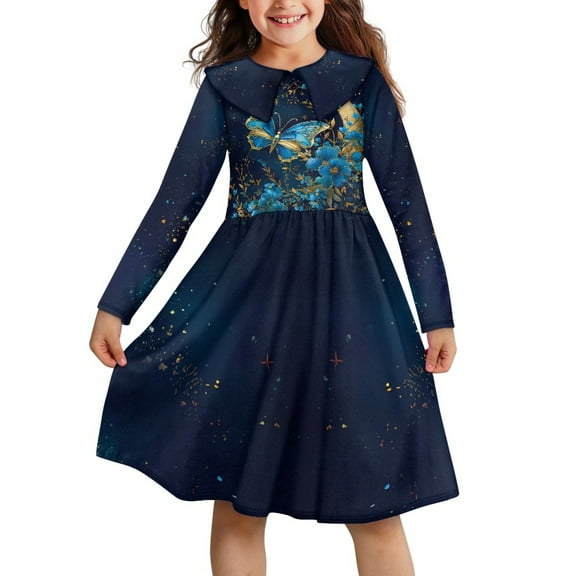 DISNIMO Butterfly Dress Girls Flower Dress Casual Kids Moon DressGirl Dress Long Sleeve Twirly Dresses for Girls 3-4 Girls Dress with Collars Dresses for Girls Midi Dress Fall Child Dress