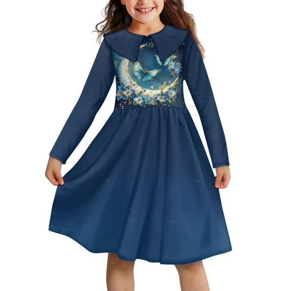 DISNIMO Butterfly Dress Girls Long Sleeve Dresses Size 13-14 Girls Dress with Collar for Girls Flower Dresses Kids Moon Dress for Girls Twirl Dress Fall Swing Dress Girls Midi Dress for Girls
