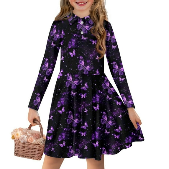 DISNIMO Butterfly Dress for Kids Purple Dresses for Girls 11-12 Country Girl Collared Dress Kids Long Sleeve Skater Dress Child Girl Button Down Dress for Church Teen Twirl Dress Polyester Dresses