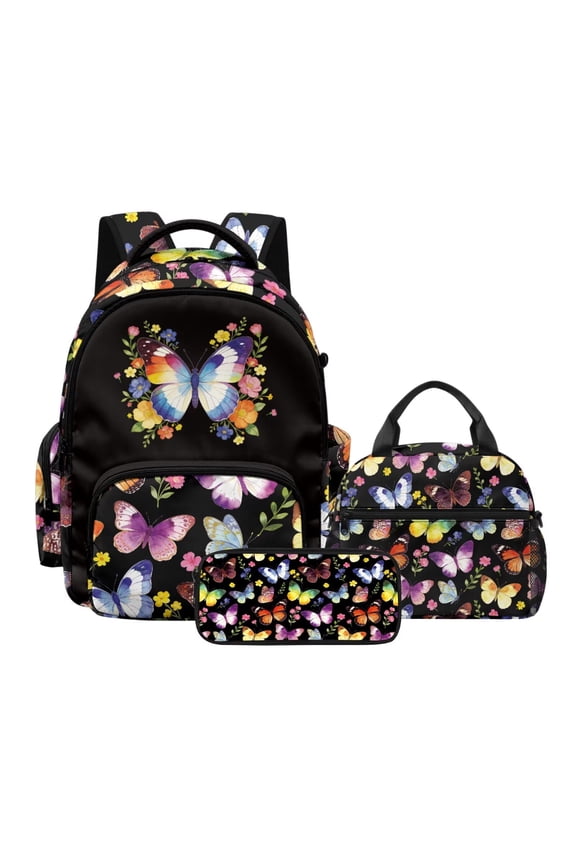 Butterfly Floral Print Boys Backpack, 17 Inch School Bag Set with Lunch Bag & Pencil Pouch, Lightweight Student Backpack School Bookbag Set for Junior High Elementary