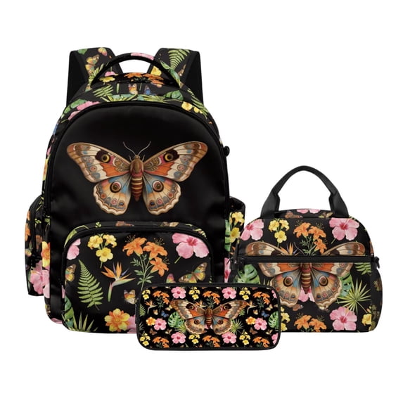 DISNIMO Butterfly Floral Print Kids Backpack Set for Girls, 17 Inch Lightweight Kids Backpack with Lunch Box and Pencil Box Set, Large Capacity Backpacks for Primary Junior School Students