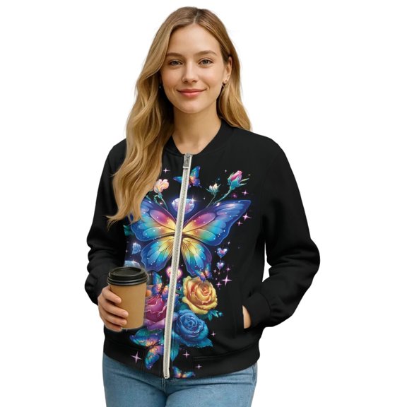 DISNIMO Butterfly Floral Printed Jackets for Women Long Sleeve Sweatshirts V Neck Outwear Zip Up Sweatshirt Jacket with Pockets, M