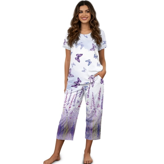 DISNIMO Butterfly Floral Printed Pajama Set for Women, Summer 2 Piece Lounge Set Soft Sleepwear Short Sleeve Tops and Capri Pant Pjs, L