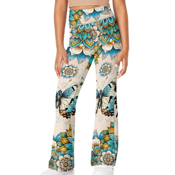 DISNIMO Butterfly Flower Flared Leggings Kids 9-10 Yoga Pants Leggings for Girls Flare Leggings Cross Waist Bell Bottoms Yoga Pants for Girls Dance Leggings Flare Girls Workout Leggings