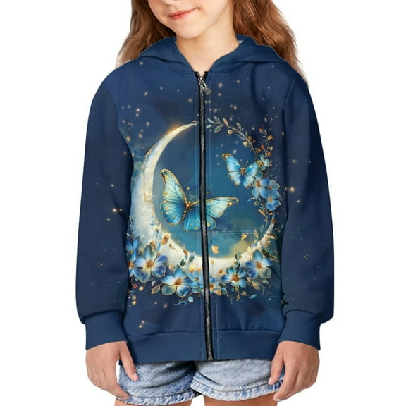 DISNIMO Butterfly Flower Hoodie Girls Moon Hoodie for Kids Zip Up Hoodie Sweatshirt Graphic Design Sweatshirts Hoodies Girls 11-13 Hoodies Jacket for Boys Hooded Jackets Teenagers Clothing Blue