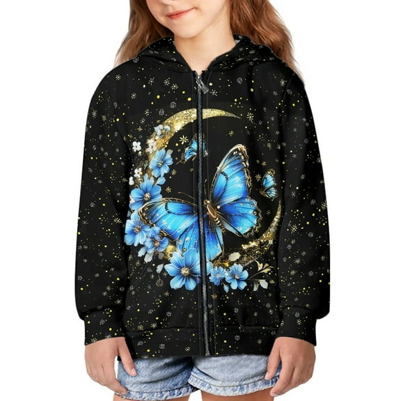 DISNIMO Butterfly Hoodie Girls Flower Zip Up Hoodie Kids Moon Hoodies for Teen Girls Graphic Sweatshirt Jacket Girls Zip Hooded Sweatshirts 11-13 Boys 4th of July Hoodie Jackets Children Outfits