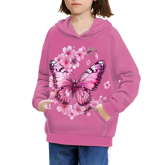 DISNIMO Butterfly Hoodies for Kids 6-7 Girls Cherry Blossom Hoodie Pullover Sweatshirt with Hood Hoodie Sweatshirts for Streetwear Girls Hoodie with Front Pocket Sports Wear Hoodie Fall Winter