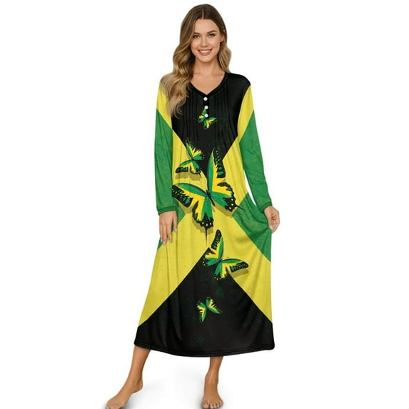 DISNIMO Butterfly Jamaican Flag Print Nightgown for Women Full Length Sleepwear Long Sleeve Nightshirt Button Up Sleep Shirts Long Ladies House Dress, L