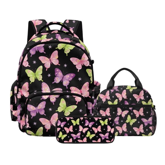 DISNIMO Butterfly Print School Backpack Set for Teen Girls, Lightweight Bookbag Lunch Bag & Pencil Box, 17 Inch School Bag Set Middle Elementary Preschool Kindergarten Supplies