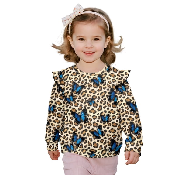 DISNIMO Butterfly Printed Girl Sweatshirt Long Sleeve T-Shirts Leopard Print Pullover Tops Lightweight Sweater for Fall Winter 3-4 Years