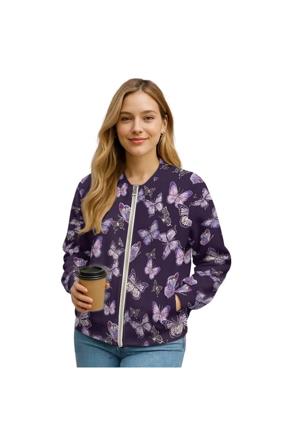 Butterfly Printed Jackets for Women Long Sleeve Outwear V Neck Sweatshirts Zipper Coat for Fall Winter, 3XL