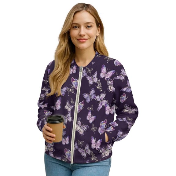 DISNIMO Butterfly Printed Jackets for Women Long Sleeve Outwear V Neck Sweatshirts Zipper Coat for Fall Winter, L