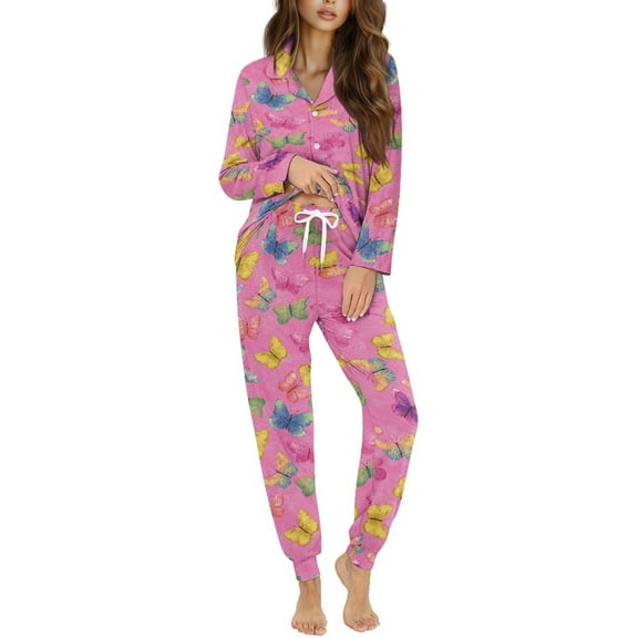 DISNIMO Butterfly Printed Pajama Set for Women 2 Piece Lounge Set Soft Comfy Sleepwear with Long Pants V Neck Ladies Loungewear Button Down Nightwear
