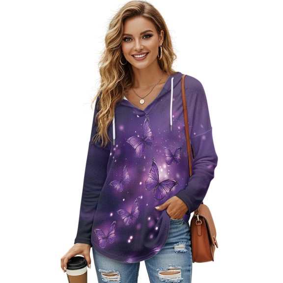 DISNIMO Butterfly Printed Sweatshirts for Women Trendy Pullover Tops Long Sleeve Hoodies Waffle Hooded Sweatshirt for Daily Wear, L