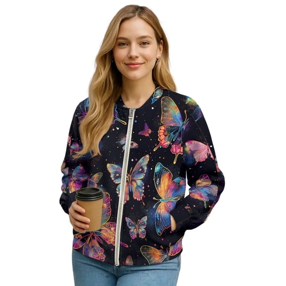 DISNIMO Butterfly Printed Sweatshirts for Women Zip Up Outwear Long Sleeve Jackets V Neck Coat Fall Winter Clothes, M
