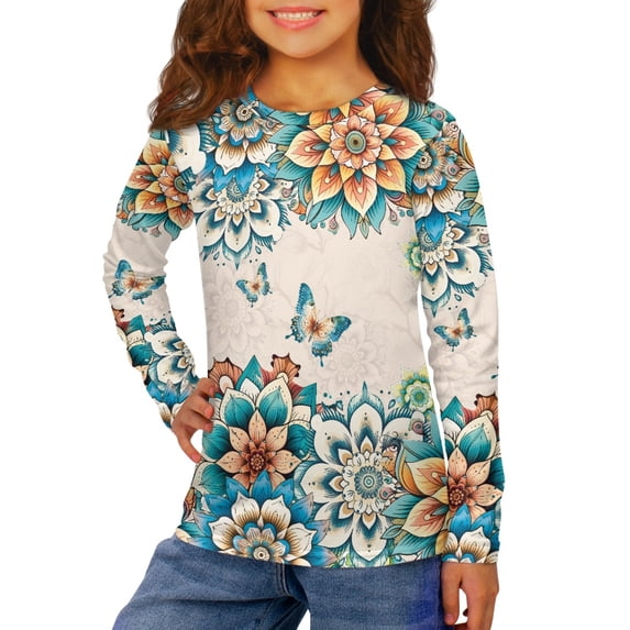 DISNIMO Butterfly Retro Flower T-Shirts for Kids Girls Long Sleeve Shirt Size 13-14 Shirts for Girls Crew Neck T Shirt for Teen Girls School T Shirts for Girls Long Sleeve Soft Shirts Boys