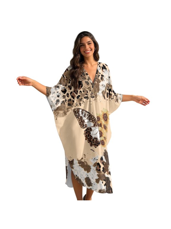 Butterfly Sunflower Leopard Print Women's Kaftan Maxi Dress Batwing Sleeve V Neck Beach Swimsuit Cover Ups Loose Fit Bathing Suit Coverup Lightweight Caftan Dresses Soft Loungewear