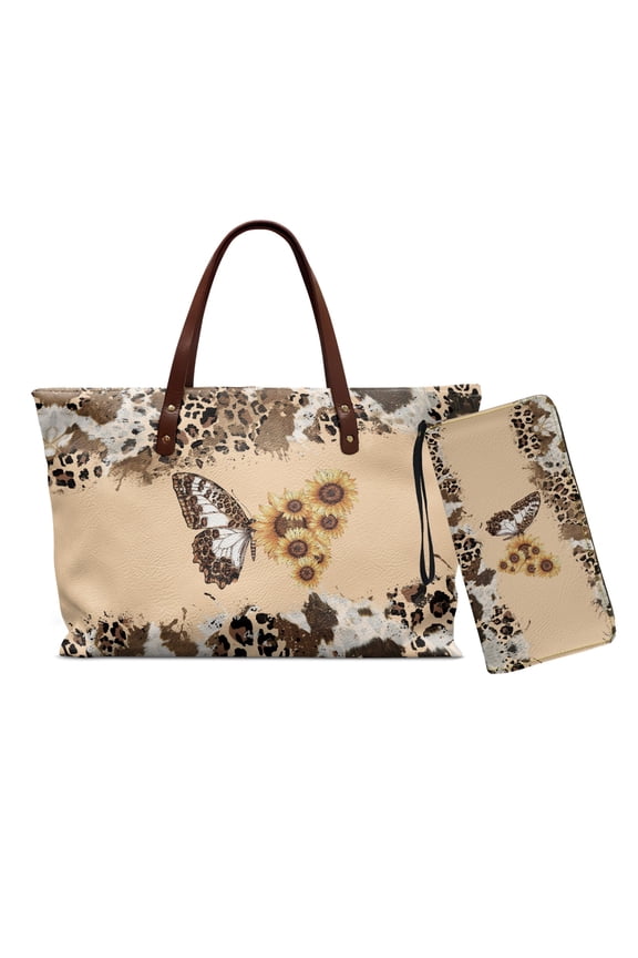 Butterfly Sunflower Print Purses Set of 2 Leopard Cow Print Handbag and Wallet Set for Lady PU Leather Satchel Shoulder Bag for Daily Use, Brown