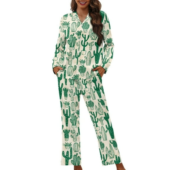 DISNIMO Cactus Print Womens Two Piece Pajama Sets Casual Loose Nightwear with Pockets Long Sleeve Top with Long Pajama Pants Sets Fashion Oversized Sleepwear Loungewear, XS