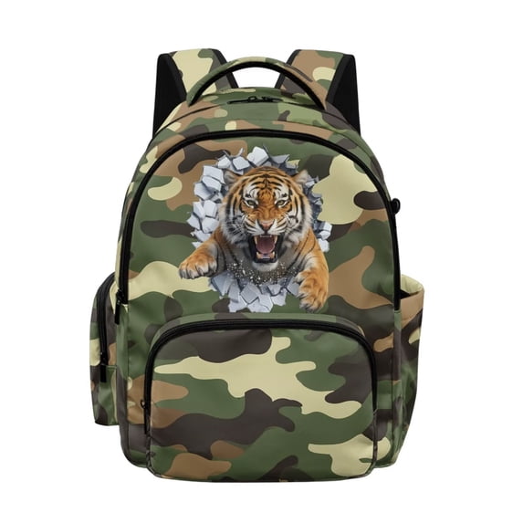 DISNIMO Camo Tiger Print 17 Inch School Backpack for Boys Teens Kids, Lightweight Bookbag with Front Compartments & Side Pockets for Elementary Middle Students, Boys Back to School Supplies