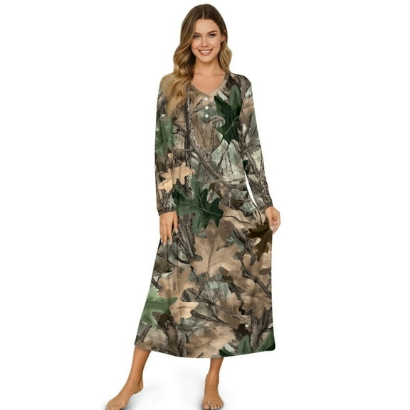 DISNIMO Camouflage Hunting Print Nightgown for Women Full Length Sleepwear Long Sleeve Nightshirt Button Up Sleep Shirts Long Ladies House Dress, 2XL