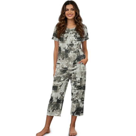 DISNIMO Camouflage Printed Pajama Set for Women, Soft Sleepwear 2 Piece Pjs Set Summer Tops and Capri Pant Lounge with Pockets, S