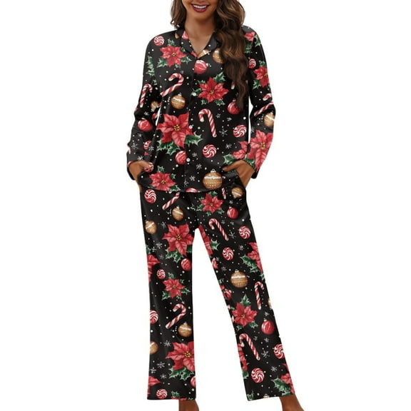 DISNIMO Candy Flower Printed Women Two Piece Pajama Sets Long Sleeve Button Up Sleepwear Soft Comfy Lounge with Matching Long Pants V Neck Nightwear Christmas Loungewear with Pockets
