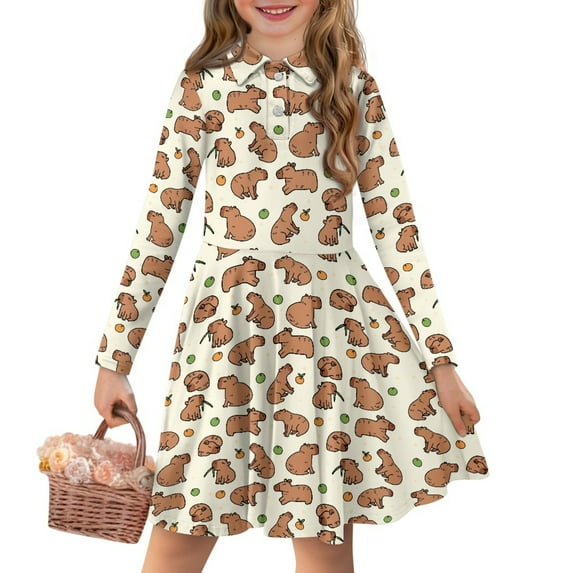 DISNIMO Capybara Dress Kids Apple Dresses Girls 4-5 Long Sleeve Dresses Girls Small Girl Dress Midi Children Skater Dress Girl Swing Dress Kids Fruit Dresses for Girls Sundress for Girls Outfits