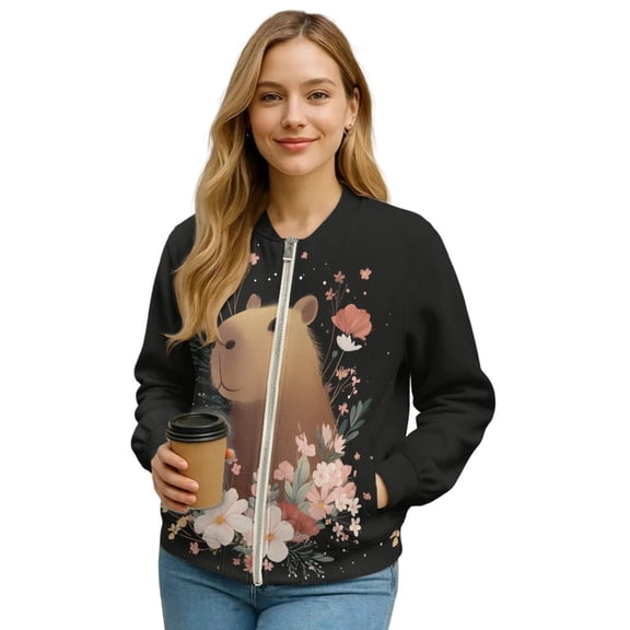 DISNIMO Capybara Floral Printed Sweatshirts for Women Long Sleeve Jackets V Neck Outwear Fall Winter Clothes, XL