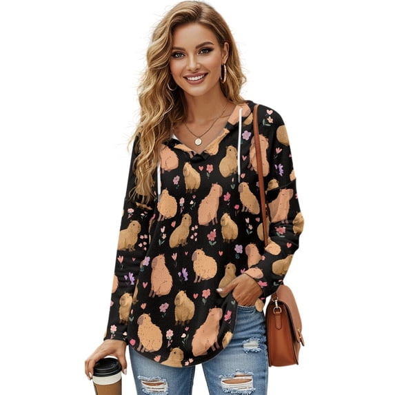DISNIMO Capybara Floral Printed Sweatshirts for Women V Neck Hoodies Long Sleeve Shirts Waffle Hooded Sweatshirt for Fall Winter, S