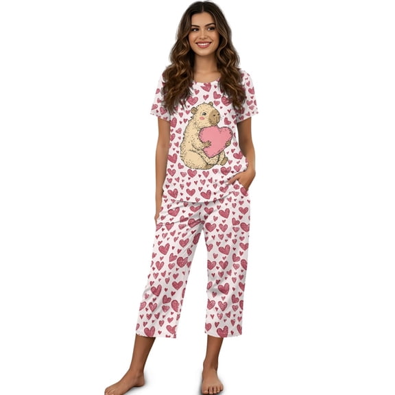 DISNIMO Capybara Heart Printed Womens Pajama Set Comfy Sleepwear Summer 2 Piece Pjs Set Breathable Loungewear Tops and Capri Pant, 4XL